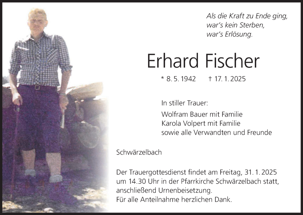  Traueranzeige für Erhard Fischer vom 25.01.2025 aus MGO