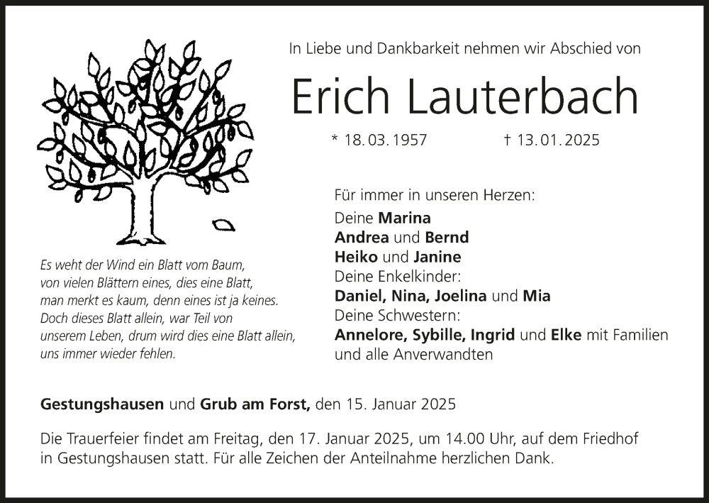  Traueranzeige für Erich Lauterbach vom 15.01.2025 aus MGO