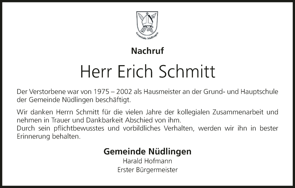  Traueranzeige für Erich Schmitt vom 25.01.2025 aus MGO