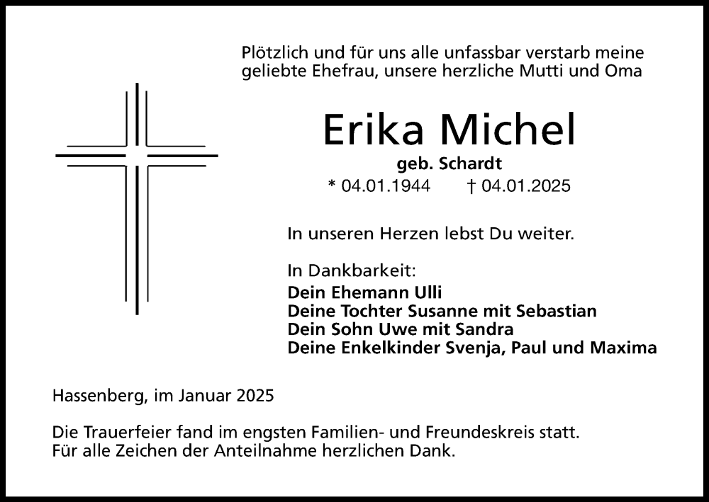  Traueranzeige für Erika Michel vom 25.01.2025 aus MGO
