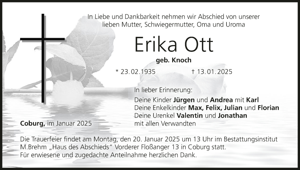  Traueranzeige für Erika Ott vom 18.01.2025 aus MGO