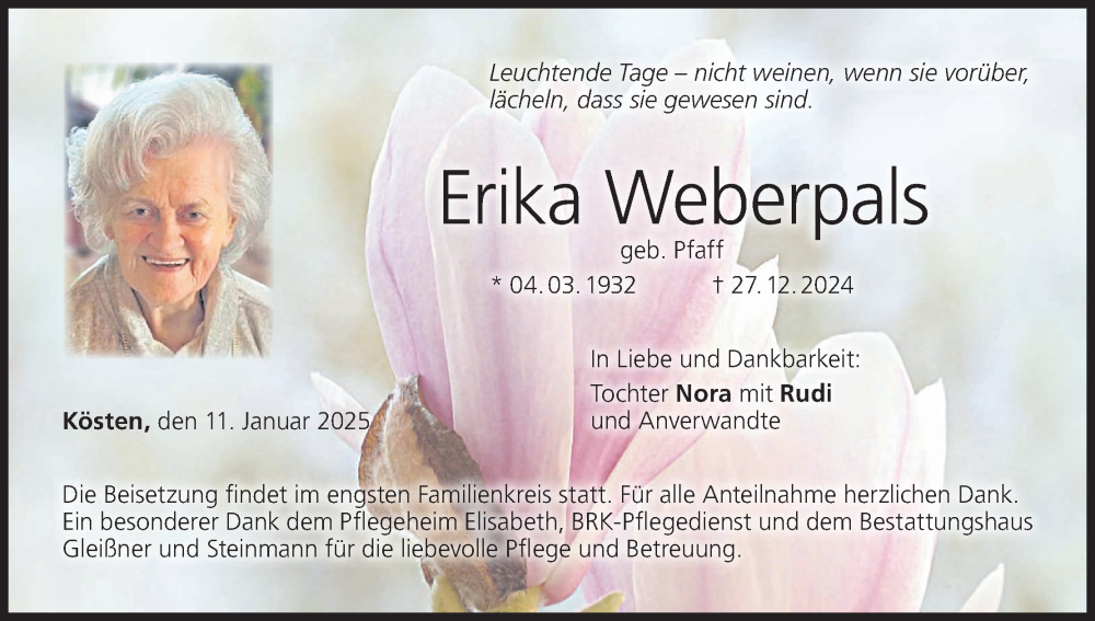  Traueranzeige für Erika Weberpals vom 11.01.2025 aus MGO