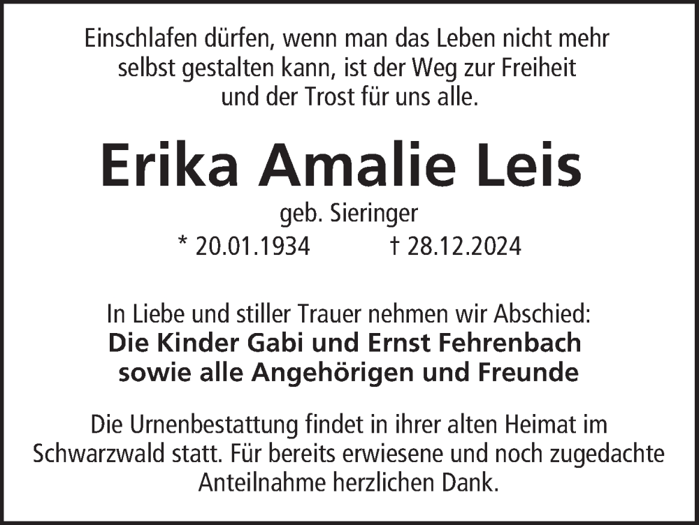  Traueranzeige für Erika Amalie Leis vom 04.01.2025 aus MGO