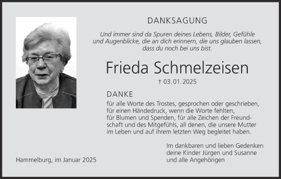 Anzeige von Frieda Schmelzeisen von MGO