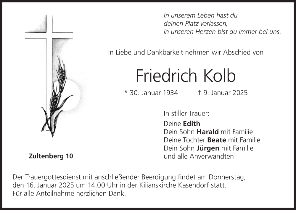  Traueranzeige für Friedrich Kolb vom 14.01.2025 aus MGO