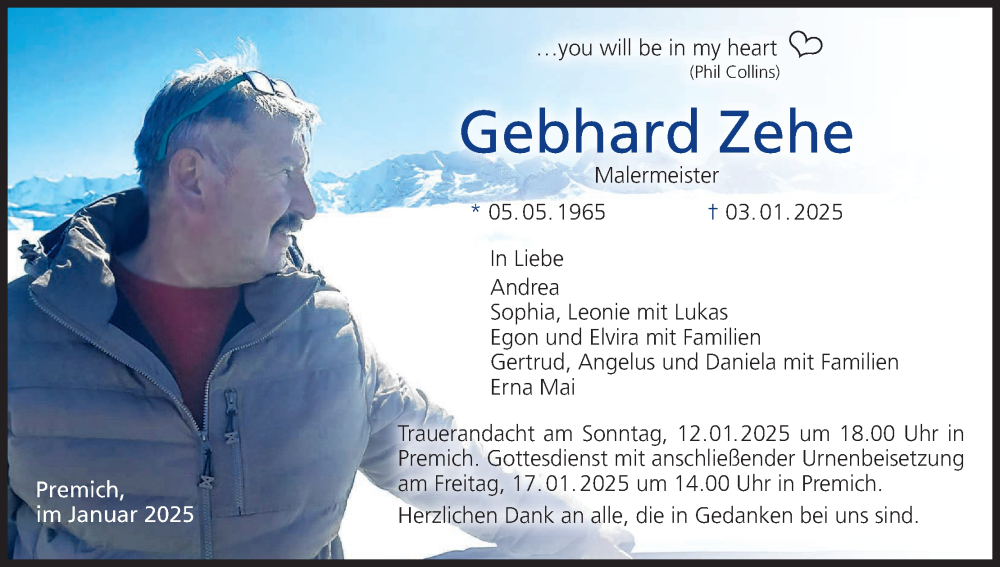  Traueranzeige für Gebhard Zehe vom 11.01.2025 aus MGO