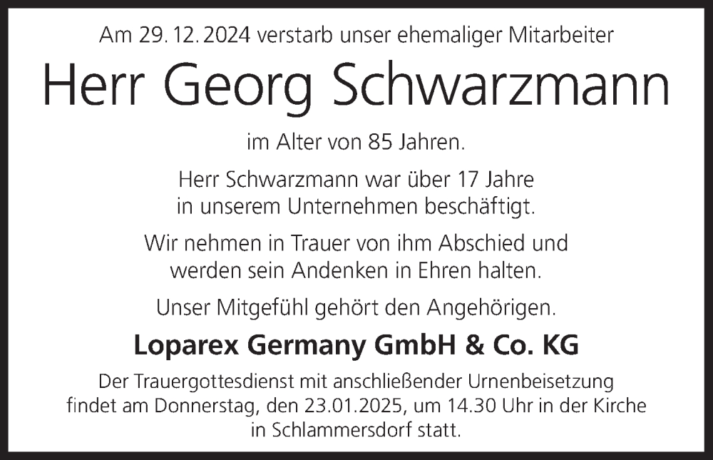  Traueranzeige für Georg Schwarzmann vom 21.01.2025 aus MGO