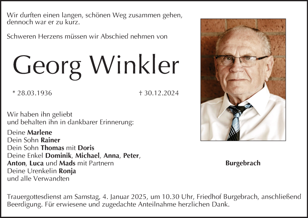  Traueranzeige für Georg Winkler vom 03.01.2025 aus MGO