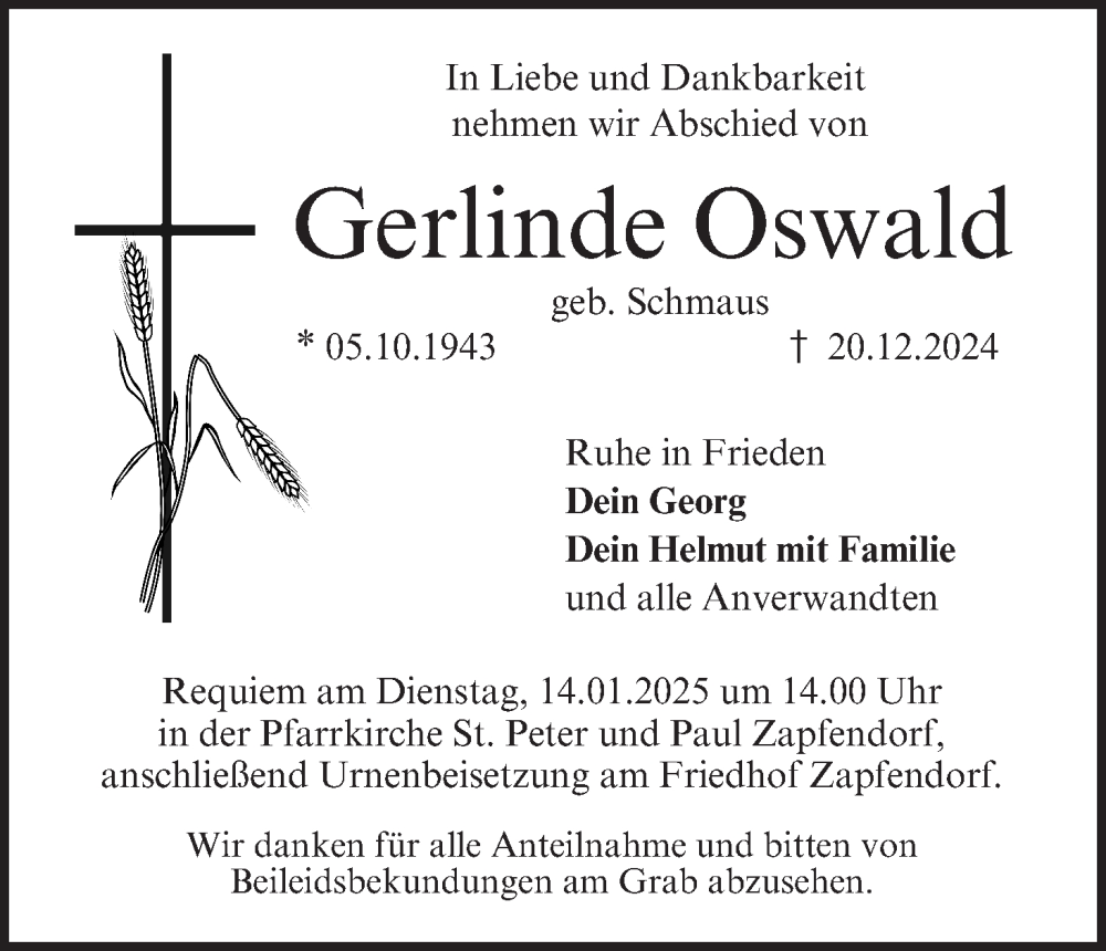  Traueranzeige für Gerlinde Oswald vom 11.01.2025 aus MGO