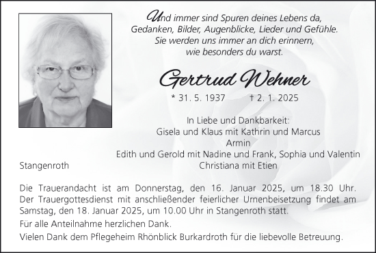 Anzeige von Gertrud Wehner von MGO
