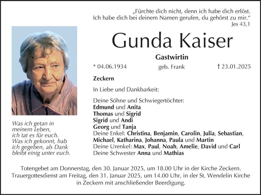  Traueranzeige für Gunda Kaiser vom 25.01.2025 aus MGO