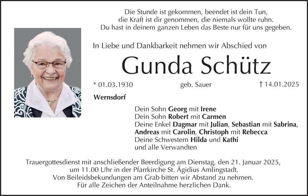  Traueranzeige für Gunda Schütz vom 18.01.2025 aus MGO