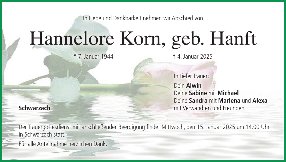  Traueranzeige für Hannelore Korn vom 14.01.2025 aus MGO