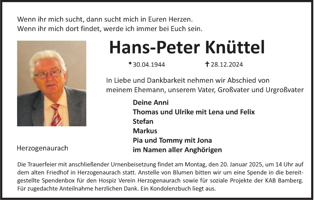  Traueranzeige für Hans-Peter Knüttel vom 04.01.2025 aus MGO
