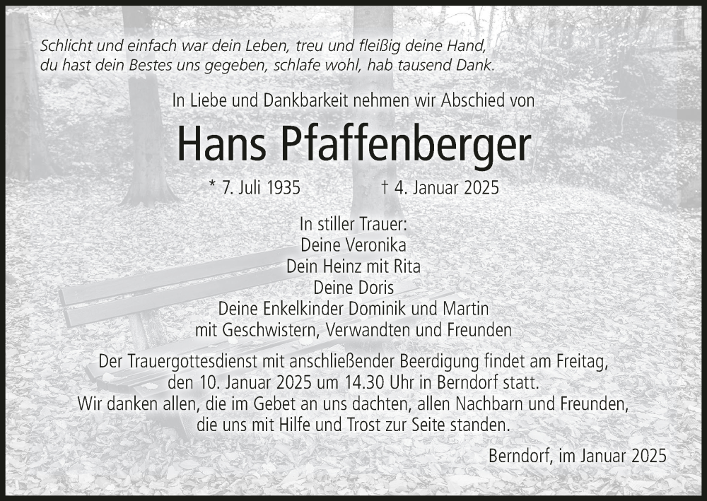  Traueranzeige für Hans Pfaffenberger vom 08.01.2025 aus MGO