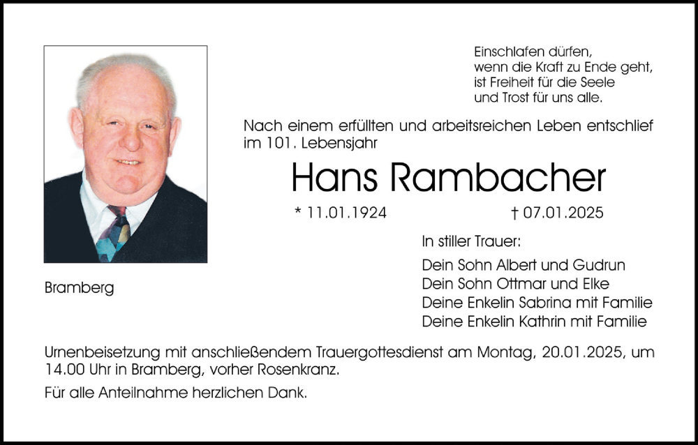  Traueranzeige für Hans Rambacher vom 18.01.2025 aus MGO