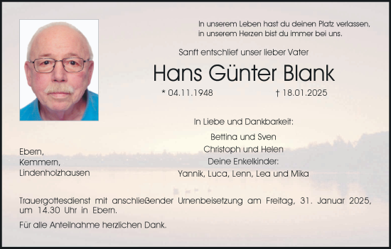Anzeige von Hans Günter Blank von MGO