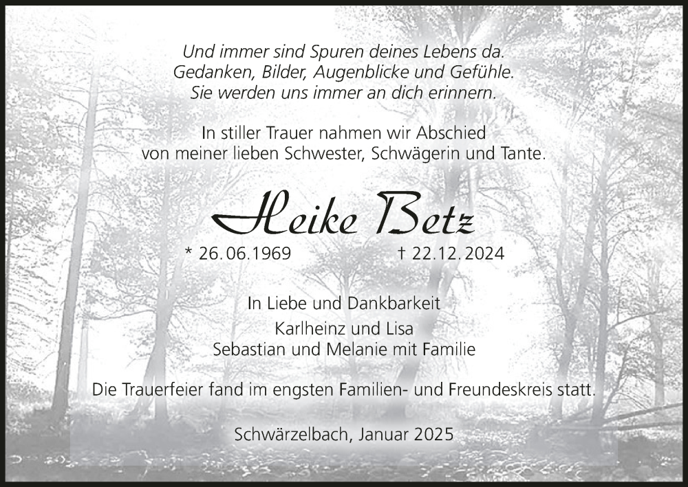  Traueranzeige für Heike Betz vom 18.01.2025 aus MGO