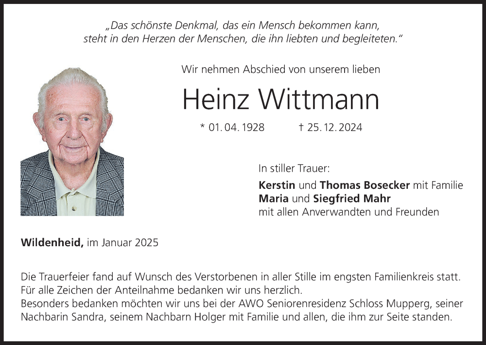  Traueranzeige für Heinz Wittmann vom 18.01.2025 aus MGO