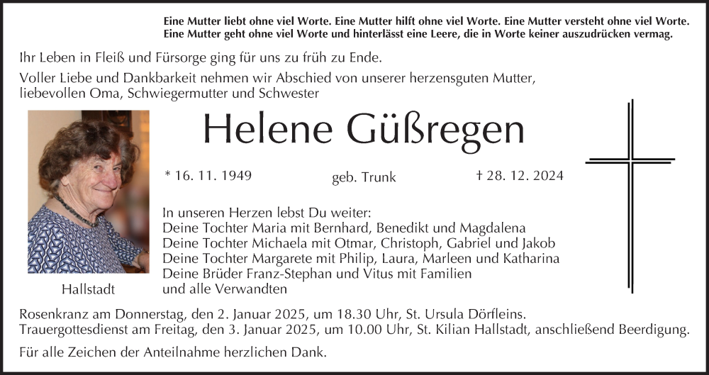  Traueranzeige für Helene Güßregen vom 31.12.2024 aus MGO