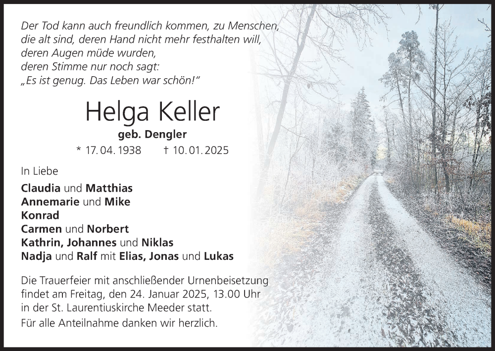  Traueranzeige für Helga Keller vom 18.01.2025 aus MGO