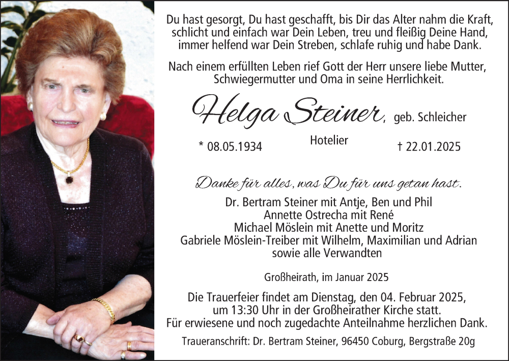  Traueranzeige für Helga Steiner vom 25.01.2025 aus MGO