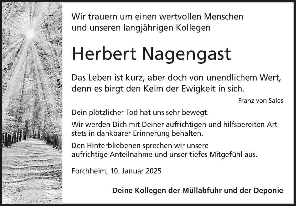  Traueranzeige für Herbert Nagengast vom 11.01.2025 aus MGO