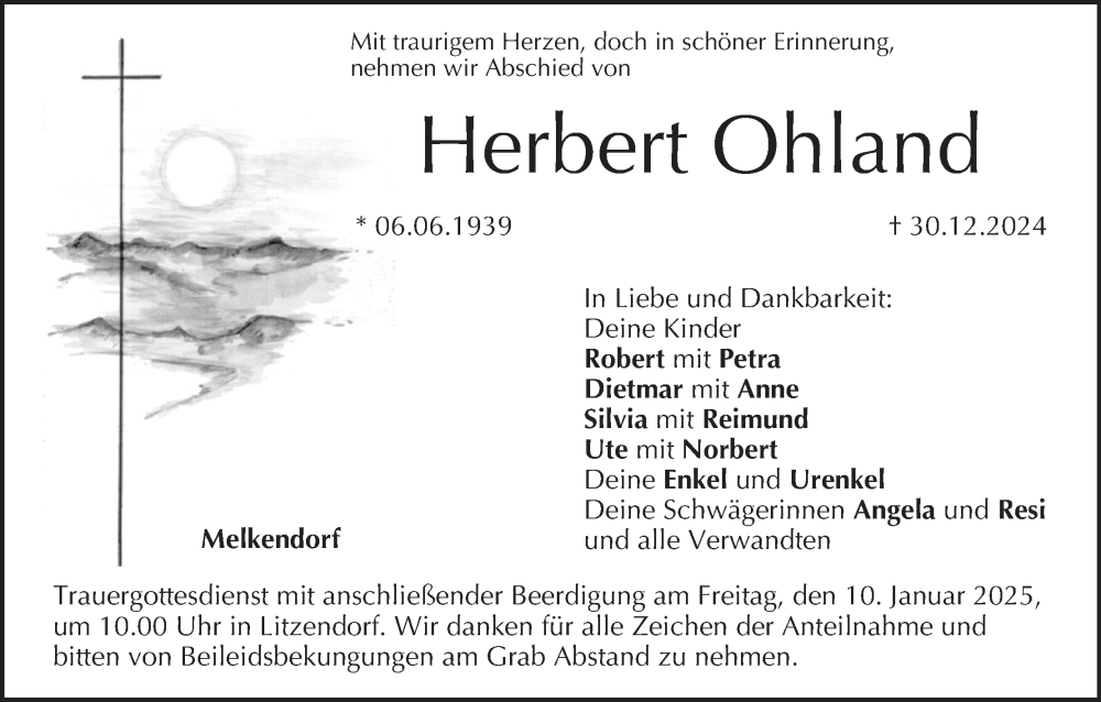  Traueranzeige für Herbert Ohland vom 04.01.2025 aus MGO