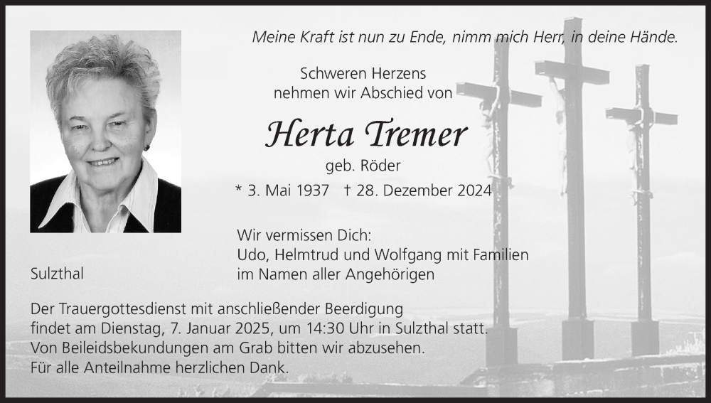  Traueranzeige für Herta Tremer vom 04.01.2025 aus MGO