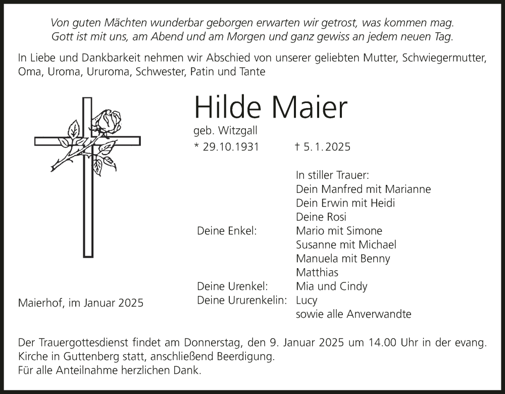  Traueranzeige für Hilde Maier vom 08.01.2025 aus MGO