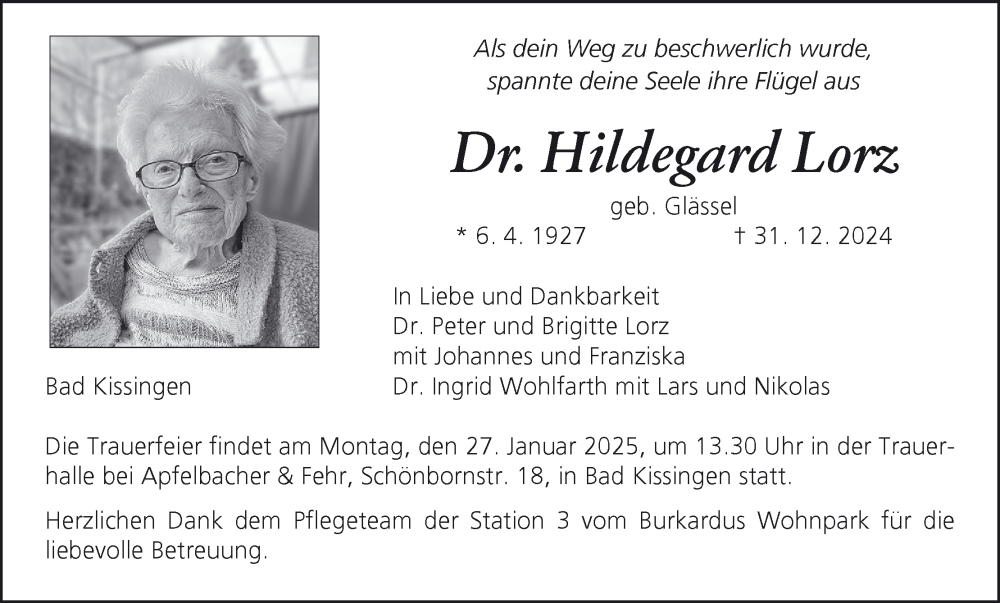  Traueranzeige für Hildegard Lorz vom 18.01.2025 aus MGO