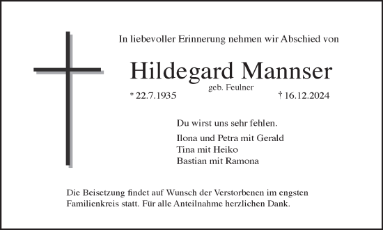 Anzeige von Hildegard Mannser von MGO