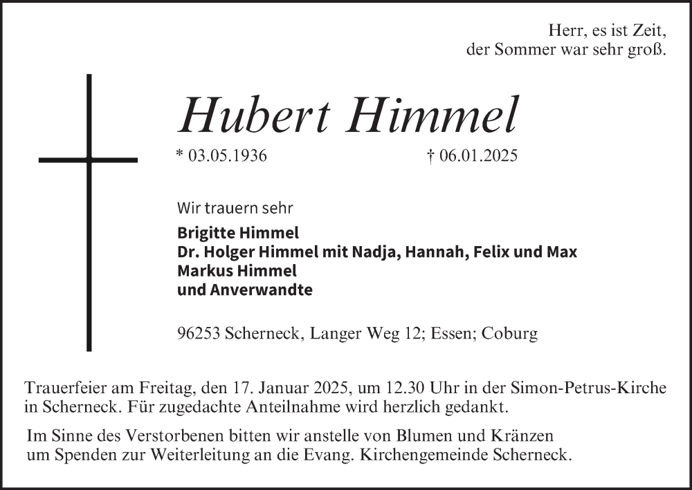  Traueranzeige für Hubert Himmel vom 11.01.2025 aus MGO