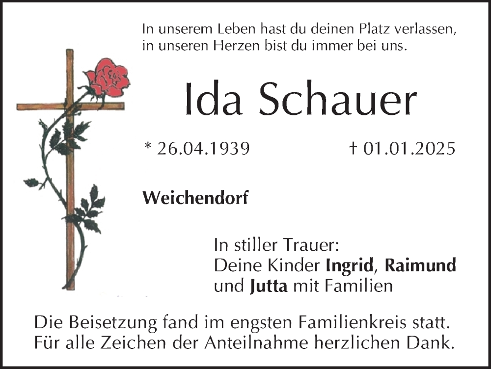  Traueranzeige für Ida Schauer vom 25.01.2025 aus MGO