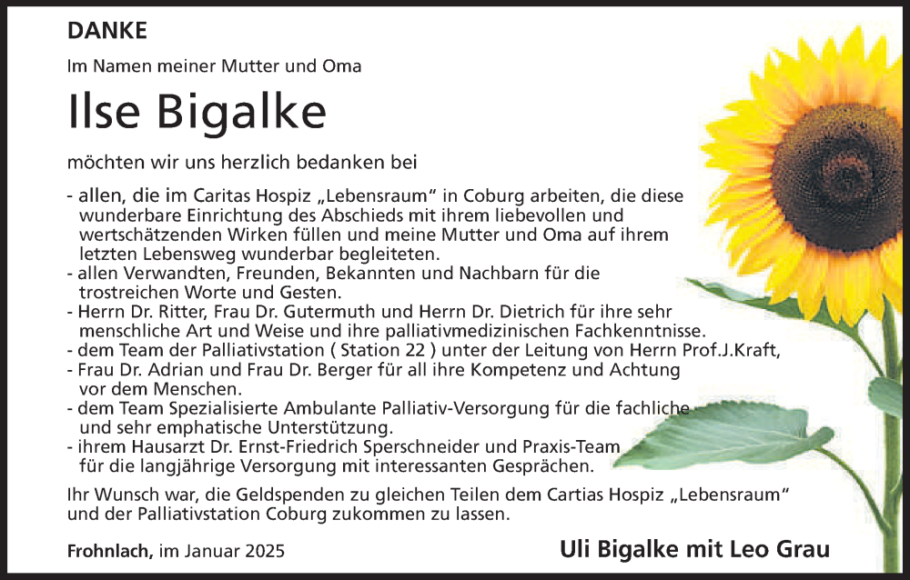  Traueranzeige für Ilse Bigalke vom 25.01.2025 aus MGO