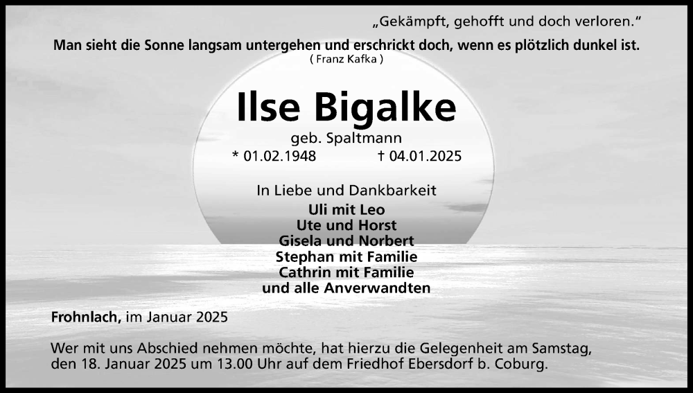  Traueranzeige für Ilse Bigalke vom 11.01.2025 aus MGO