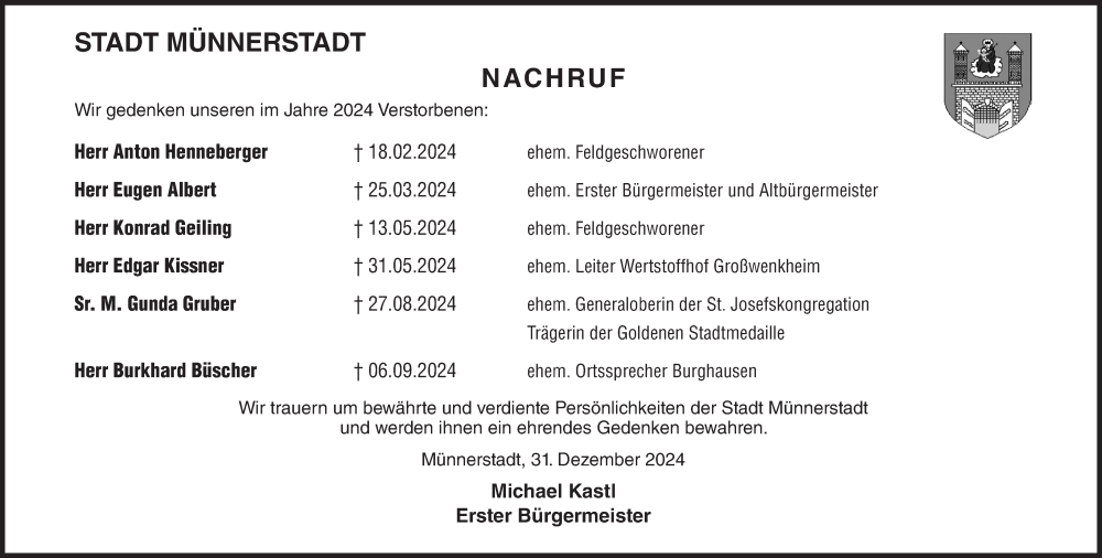  Traueranzeige für In Gedenken vom 04.01.2025 aus MGO