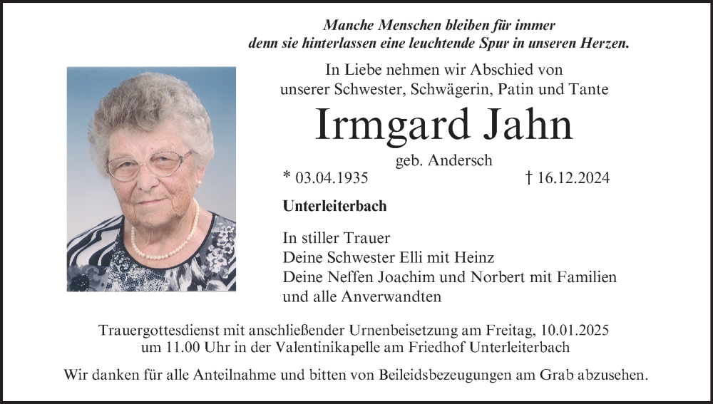  Traueranzeige für Irmgard Jahn vom 04.01.2025 aus MGO