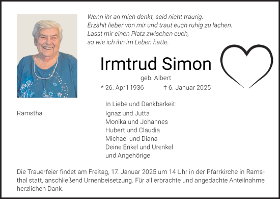 Anzeige von Irmtrud Simon von MGO