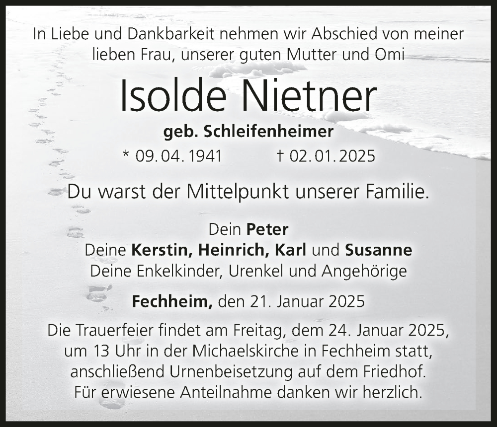  Traueranzeige für Isolde Nietner vom 21.01.2025 aus MGO