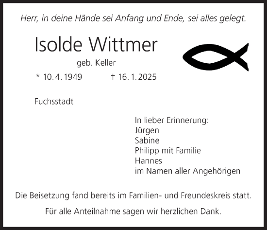 Anzeige von Isolde Wittmer von MGO