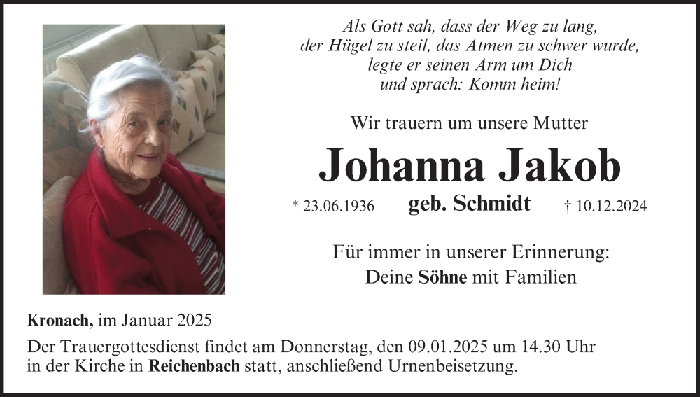  Traueranzeige für Johanna Jakob vom 04.01.2025 aus MGO