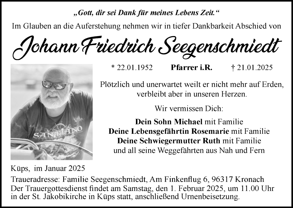  Traueranzeige für Johann Friedrich Seegenschmiedt vom 28.01.2025 aus MGO