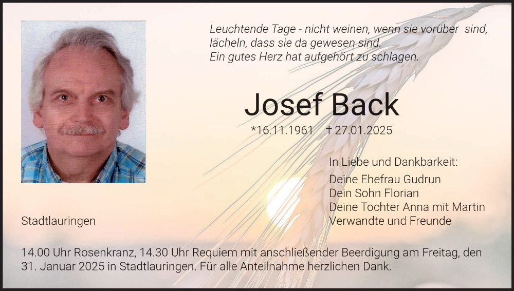  Traueranzeige für Josef Back vom 30.01.2025 aus MGO