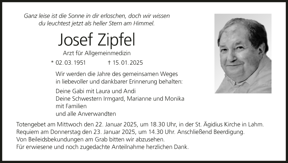  Traueranzeige für Josef Zipfel vom 18.01.2025 aus MGO
