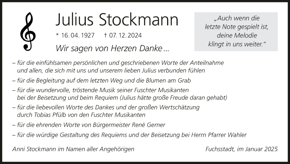  Traueranzeige für Julius Stockmann vom 18.01.2025 aus MGO
