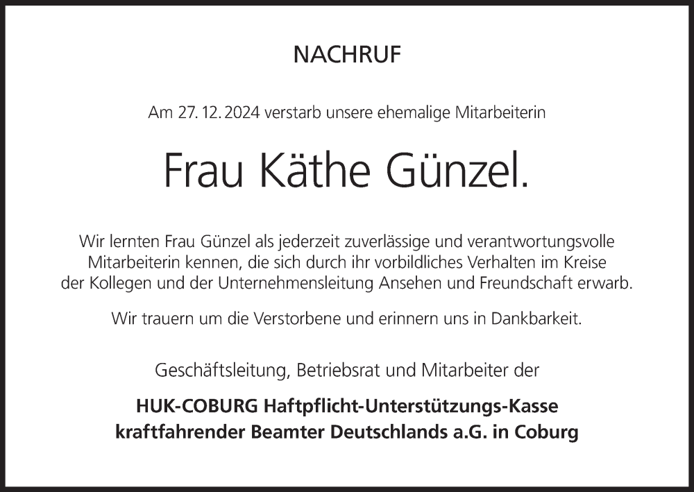 Traueranzeige für Käthe Günzel vom 21.01.2025 aus MGO