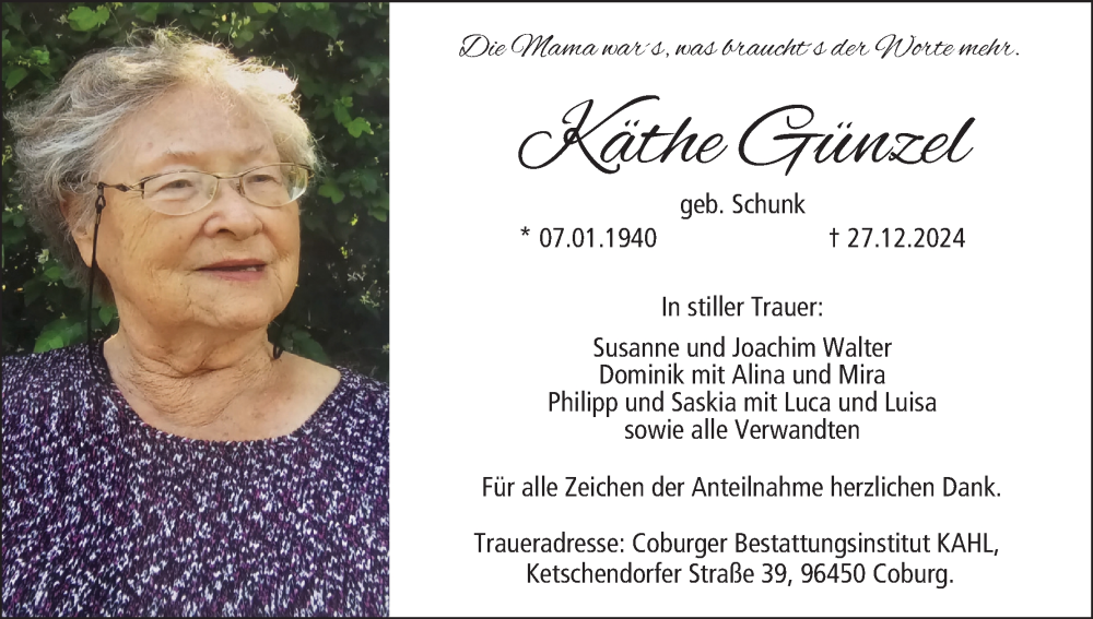  Traueranzeige für Käthe Günzel vom 11.01.2025 aus MGO
