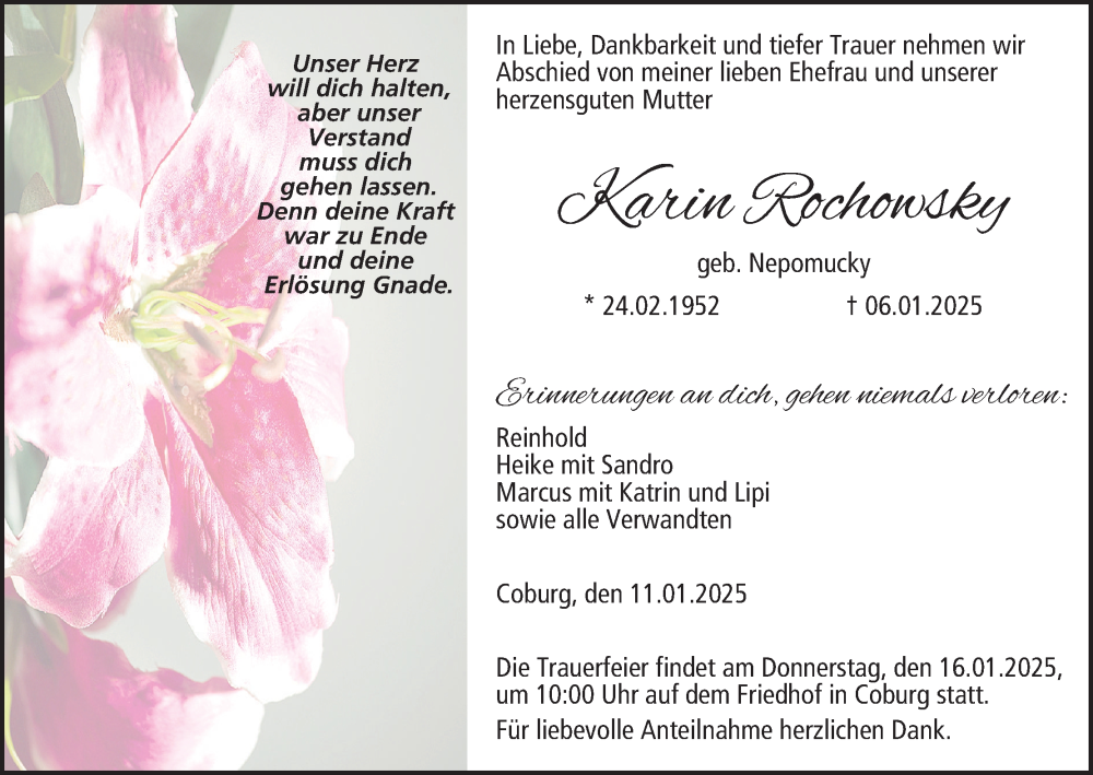 Traueranzeige für Karin Rochowsky vom 11.01.2025 aus MGO