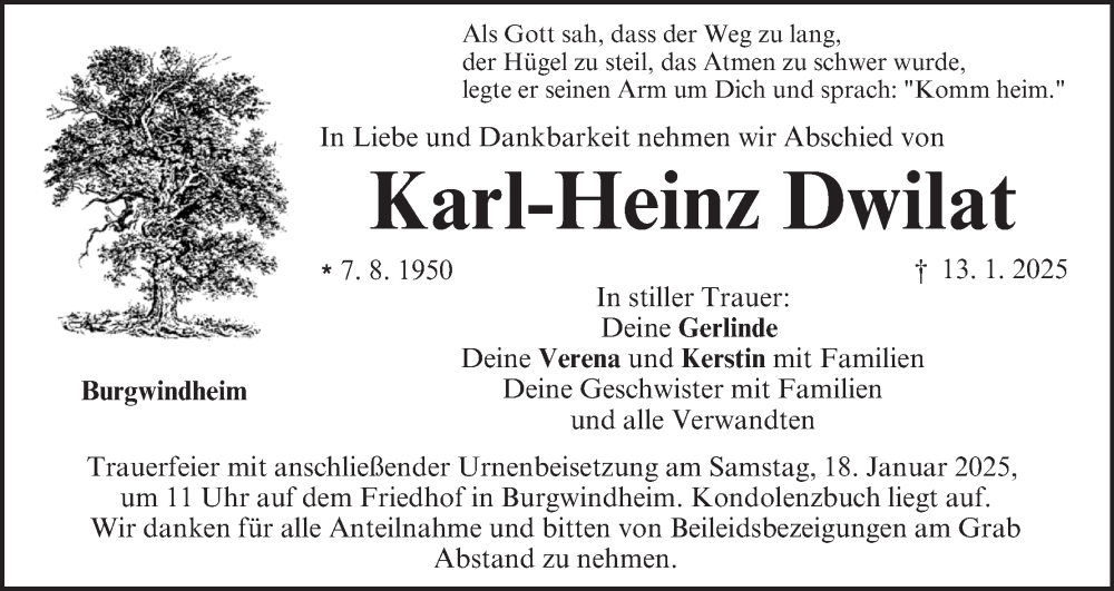  Traueranzeige für Karl-Heinz Dwilat vom 15.01.2025 aus MGO